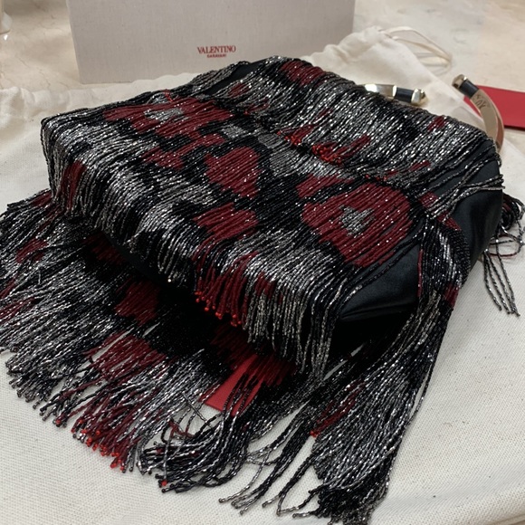 VALENTINO GARAVANI BEADED FRINGE SATIN CLUTCH WITH GOLD TONE ROUND HANDLE - Picture 11 of 16